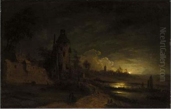 Moonlit Landscape With Figures On A Bridge Before A Tower Oil Painting by Aert van der Neer