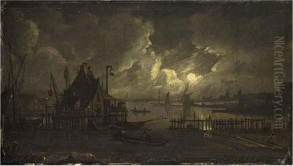 Moonlit Landscape Oil Painting by Aert van der Neer