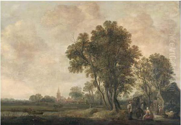  Paysage De Campagne, En Ete, Avec Des Voyageurs Et Une Servante Pres D'un Puits  Oil Painting by Aert van der Neer