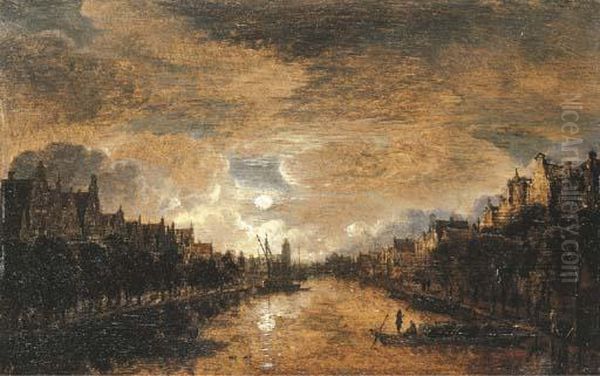 A Moonlit View Of A City Along A Canal Oil Painting by Aert van der Neer