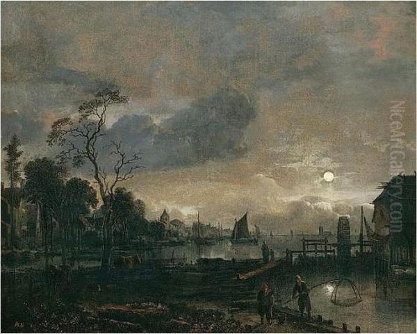 A Moonlit Estuary Scene With Fishermen Near A Watermill And A Village Beyond Oil Painting by Aert van der Neer