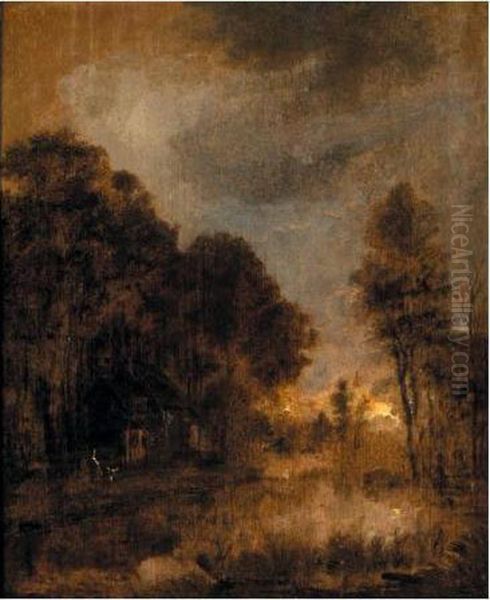 A Moonlit Lake With Figures On A Path Oil Painting by Aert van der Neer