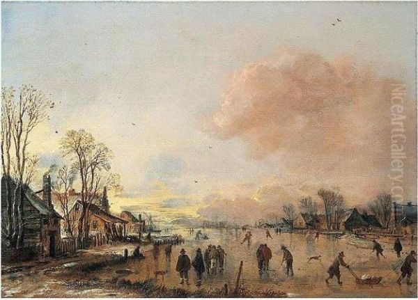 A Village In Winter With Skaters On A Frozen River Oil Painting by Aert van der Neer