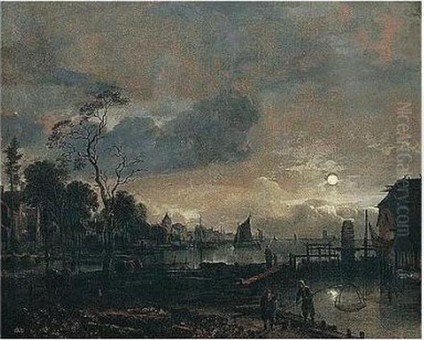 A Moonlit Estuary Scene With Fishermen Near A Watermill And A Village Beyond Oil Painting by Aert van der Neer