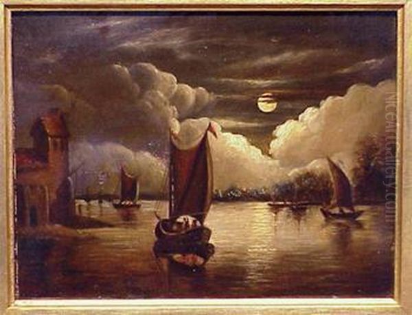 Fishing Boats On A Moonlit Canal Oil Painting by Aert van der Neer