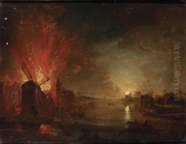 A Mill On Fire On A Riverbank Oil Painting by Aert van der Neer