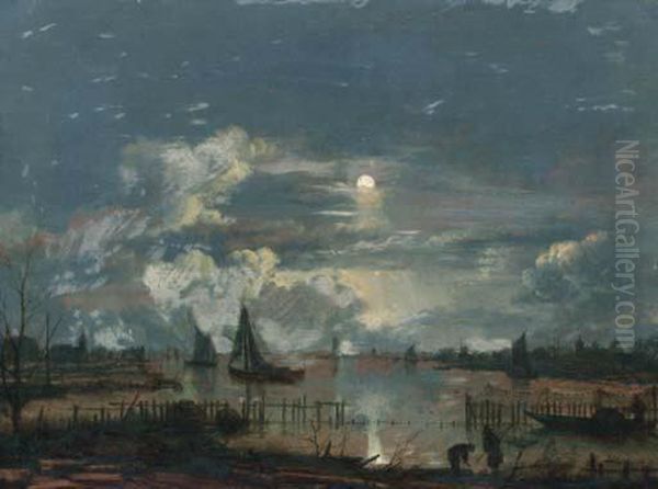 A Moonlit Riverlandscape Oil Painting by Aert van der Neer