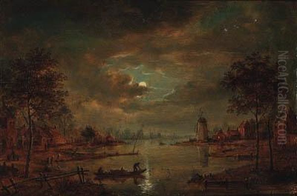 A Moonlit River Landscape With Figures In A Boat, A Windmillbeyond Oil Painting by Aert van der Neer