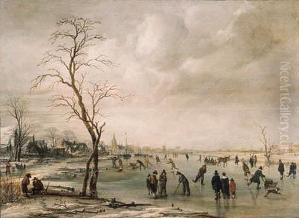 A Winter Landscape With 
Townsfolk Skating And Playing Kolf On Afrozen River, A Town Beyond Oil Painting by Aert van der Neer