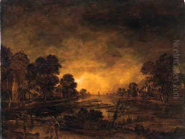 A Moonlit Riverlandscape With A 
Driver And Cattle On A Track, Acastle And A Village Beyond Oil Painting by Aert van der Neer