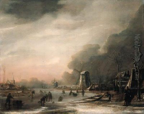 A Winter Landscape With Skaters 
And Kolf Players, An Elegant Couplein The Foreground, A Church And 
Windmills Beyond Oil Painting by Aert van der Neer