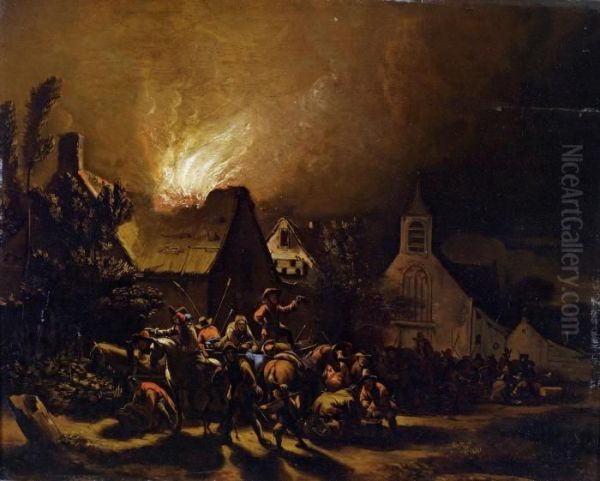 Marauders Outside A Burning Village Oil Painting by Egbert van der Poel