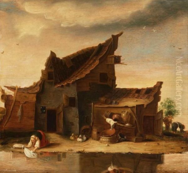 Bauernhutte Mitangebautem Stall Vor Stillem Gewasser Oil Painting by Egbert van der Poel