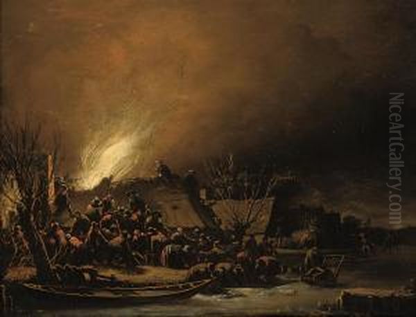 A Fire In A Village At Night Oil Painting by Egbert van der Poel