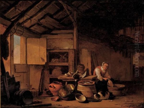 A Woman Plucking A Duck In A Barn Oil Painting by Egbert van der Poel