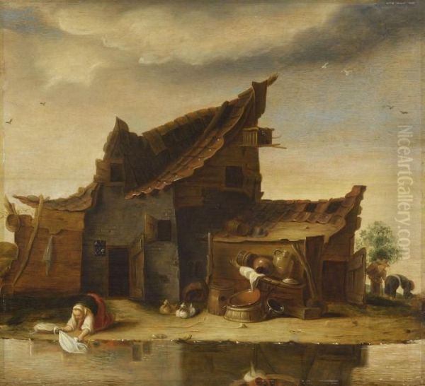 Wascherin Bei Einer Bauernhutte Am Wasser Oil Painting by Egbert van der Poel