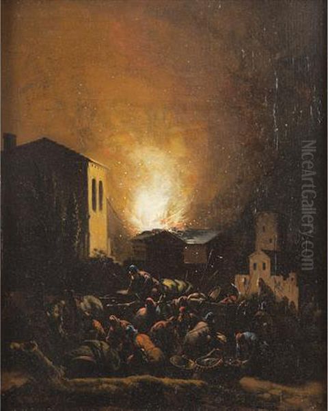 Village On Fire At Night Oil Painting by Egbert van der Poel