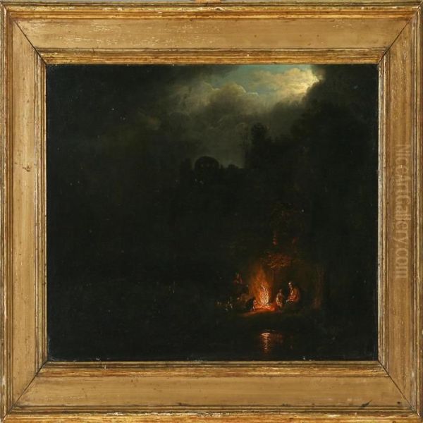 Travellers At A Fire By Night Oil Painting by Egbert van der Poel