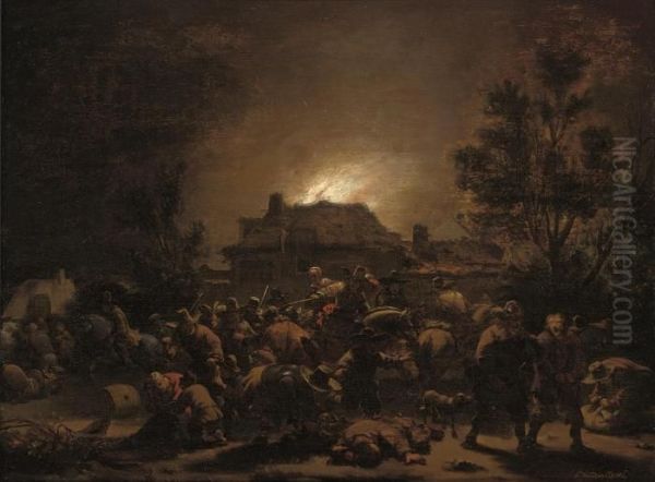 Cavalrymen Pillaging A Village Oil Painting by Egbert van der Poel