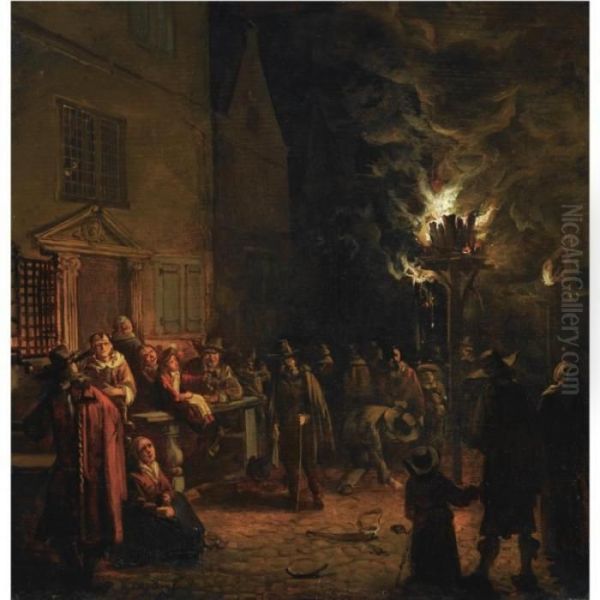 A Nocturnal Village Scene On The
 Oude Delft, With Numerous Figures Gathered Around A Burning Tar-barrel Oil Painting by Egbert van der Poel