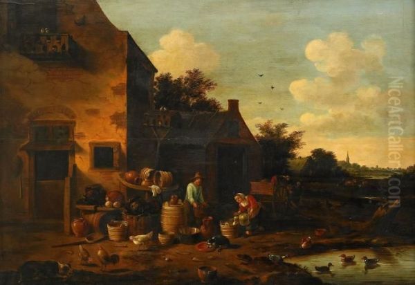 Gardsidyll Med Arbetande Bonder Oil Painting by Egbert van der Poel