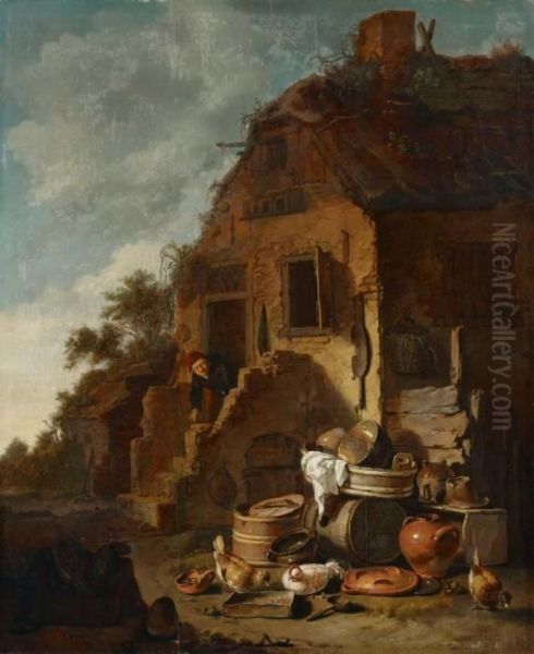 Bauerngehoft Mit Von Der Sonne Beschienenen Kuchengeratschaften Oil Painting by Egbert van der Poel