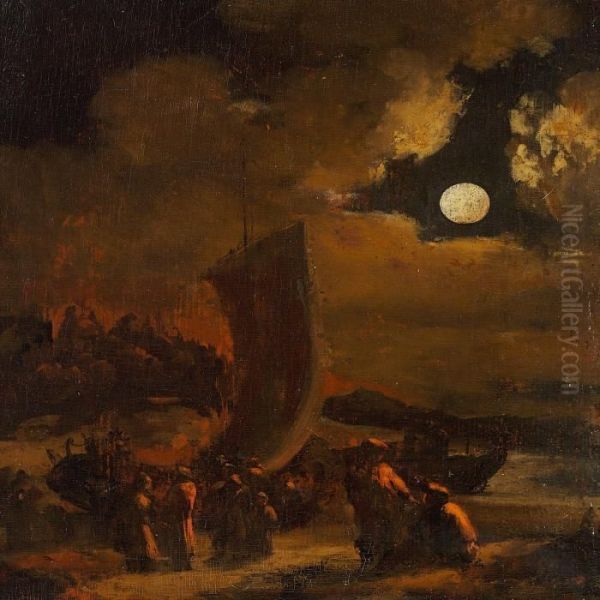 A Moonlitbeach With Figures By A Boat Oil Painting by Egbert van der Poel