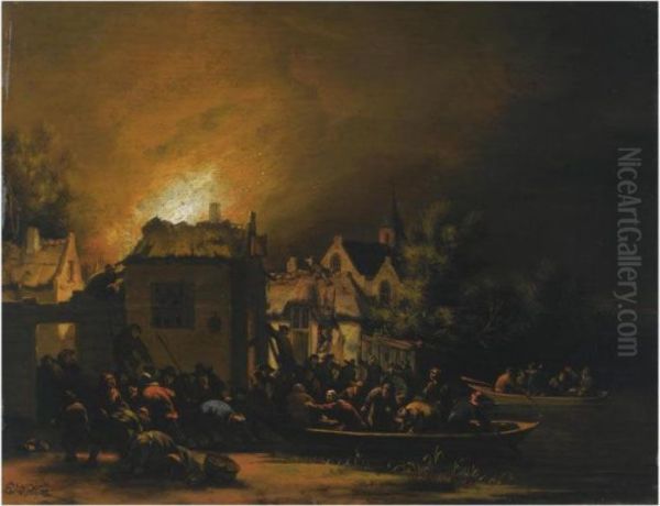 A Fire In A Village At Night With Villagers Trying To Extinguishit Oil Painting by Egbert van der Poel