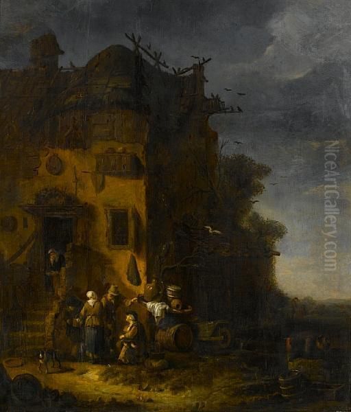 A Peasant Family Before A Farmhouse Oil Painting by Egbert van der Poel