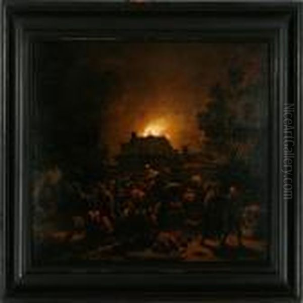 Soldiers Plundering And Setting Fire To A Village At Night Oil Painting by Egbert van der Poel