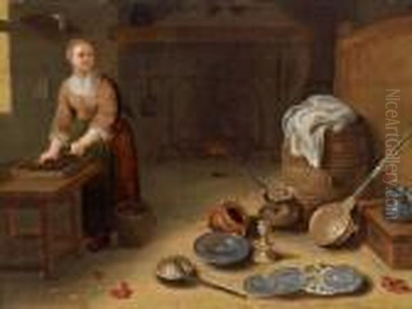 Kucheninterieur Mit Einer Magd Und Verschiedenen Gefasen Oil Painting by Egbert van der Poel