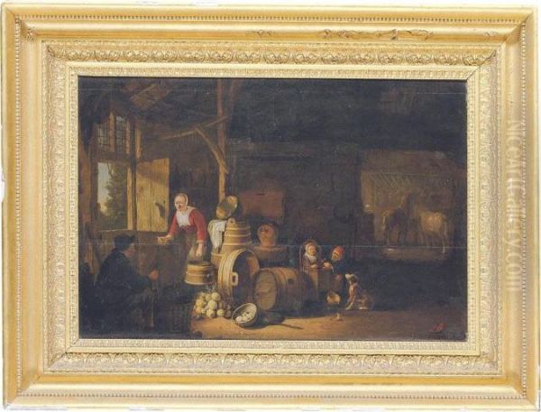 The Interior Of A Stable, With A Peasant Family Oil Painting by Egbert van der Poel