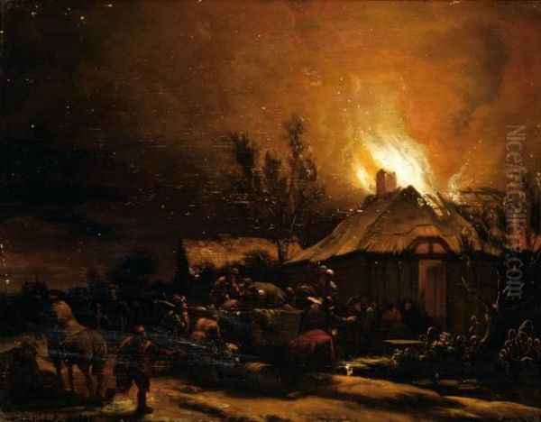 Nightly Scene Of Farmersnear A Burning Farm Oil Painting by Egbert van der Poel