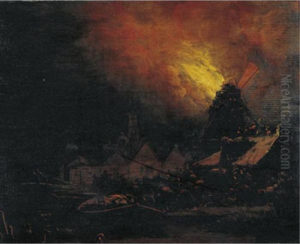 A Burning Mill At Night With Villagers Scrambling To Extinguish The Fire Oil Painting by Egbert van der Poel