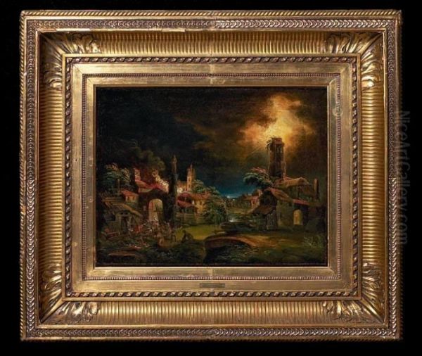 Ascribed To: A Fire At Night In A Village During A Storm Oil Painting by Egbert van der Poel