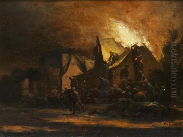 A House On Fire At Night Oil Painting by Egbert van der Poel