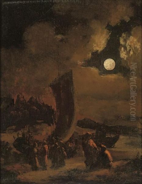 A Moonlit Beach With Figures By Boats Oil Painting by Egbert van der Poel