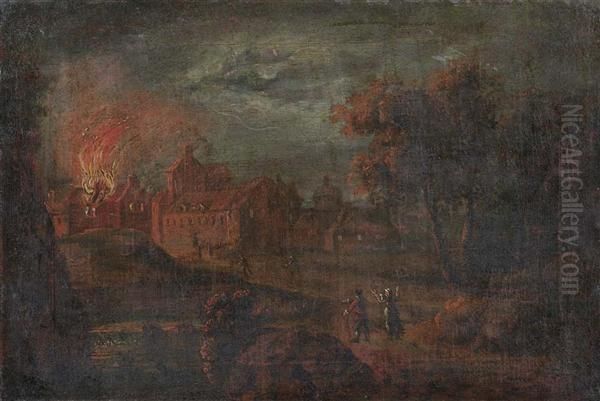 Nachtliche Feuersbrunst. Oil Painting by Egbert van der Poel