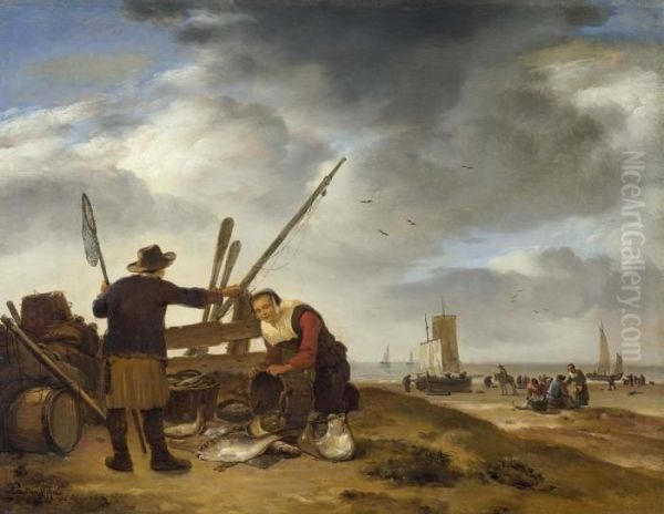 Eine Fischverkauferin Am Strand Von Scheveningen. 1653. Oil Painting by Egbert van der Poel