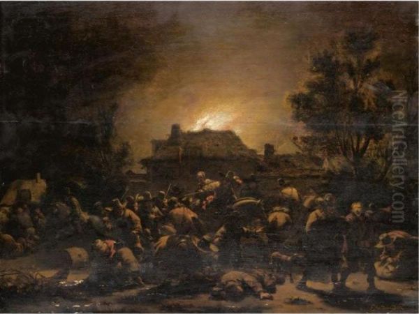 Soldiers Plundering And Burning A Village At Night by Egbert van der Poel