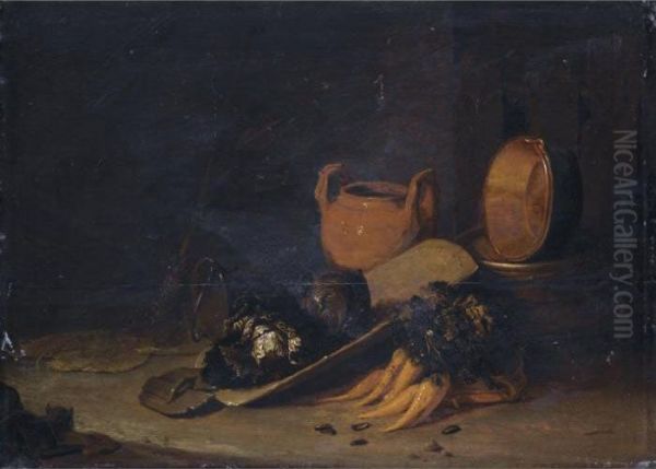 A Still Life With A Terracotta 
Urn, A Copper Basin, Cabbages And Carrots, Set In A Barn Interior Oil Painting by Egbert van der Poel