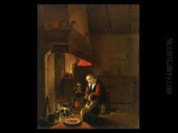 Interieur Mit Familie Beim Essen Am Kamin Oil Painting by Egbert van der Poel