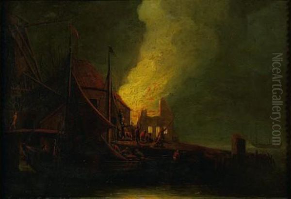 Incendie De Nuit Dans Un Port Oil Painting by Egbert van der Poel