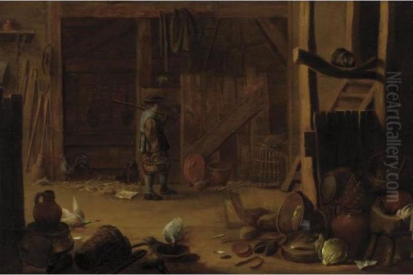 Barn Interior Oil Painting by Egbert van der Poel