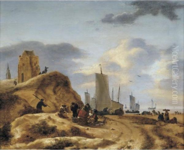 Fisherfolk Selling Their Wares On A Beach, With Sailing Vessels Beyond Oil Painting by Egbert van der Poel