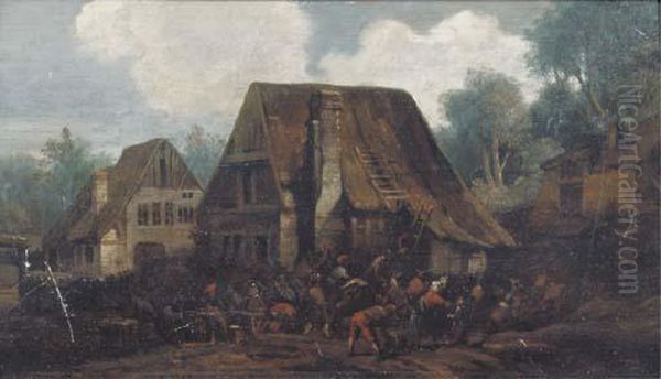 Peasants At Work Nearby A Farmhouse, With Others Merry Making In Avillage Street Oil Painting by Egbert van der Poel