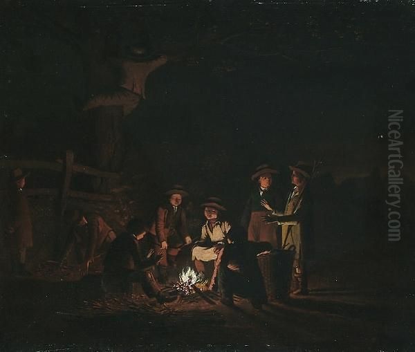 A Night Scene With Agricultural Labourers Warming Themselves Beside A Fire In A Field Oil Painting by Egbert van der Poel