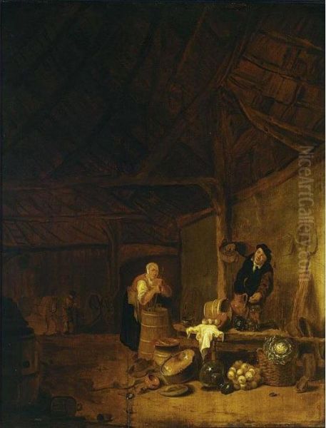 A Barn Interior With A Man 
Picking Eggs From A Basket And A Woman Stirring In A Wooden Barrel, With
 A Kitchen Still Life With Pots, Pans And Vegetables In The Foreground 
And A Man With A Horse In The Background Oil Painting by Egbert van der Poel