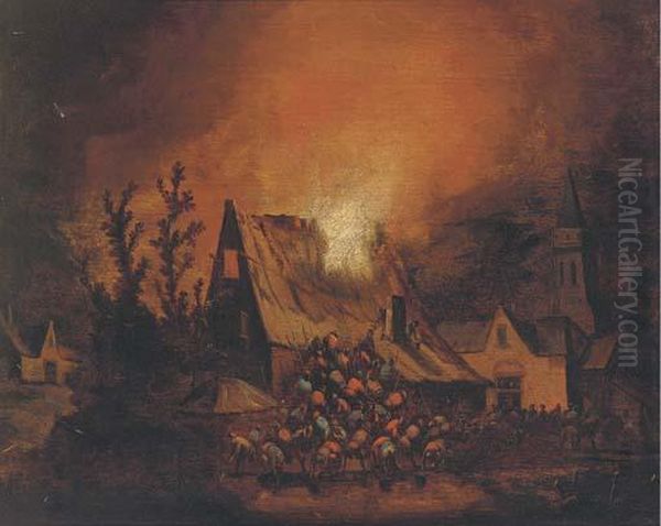 A Village On Fire At Night Oil Painting by Egbert van der Poel