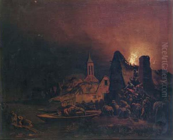 Scene D'incendie Nocturne Dans Un Village Au Bord D'un Canal Oil Painting by Egbert van der Poel